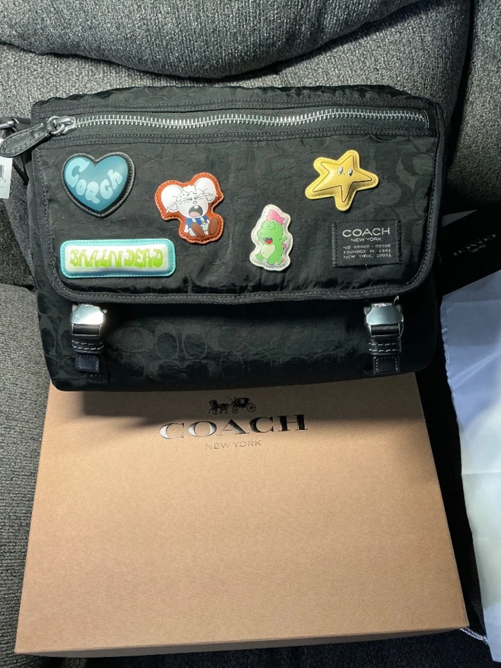 Coach Brain Dead Lane Messenger In Signature Nylon With Patches